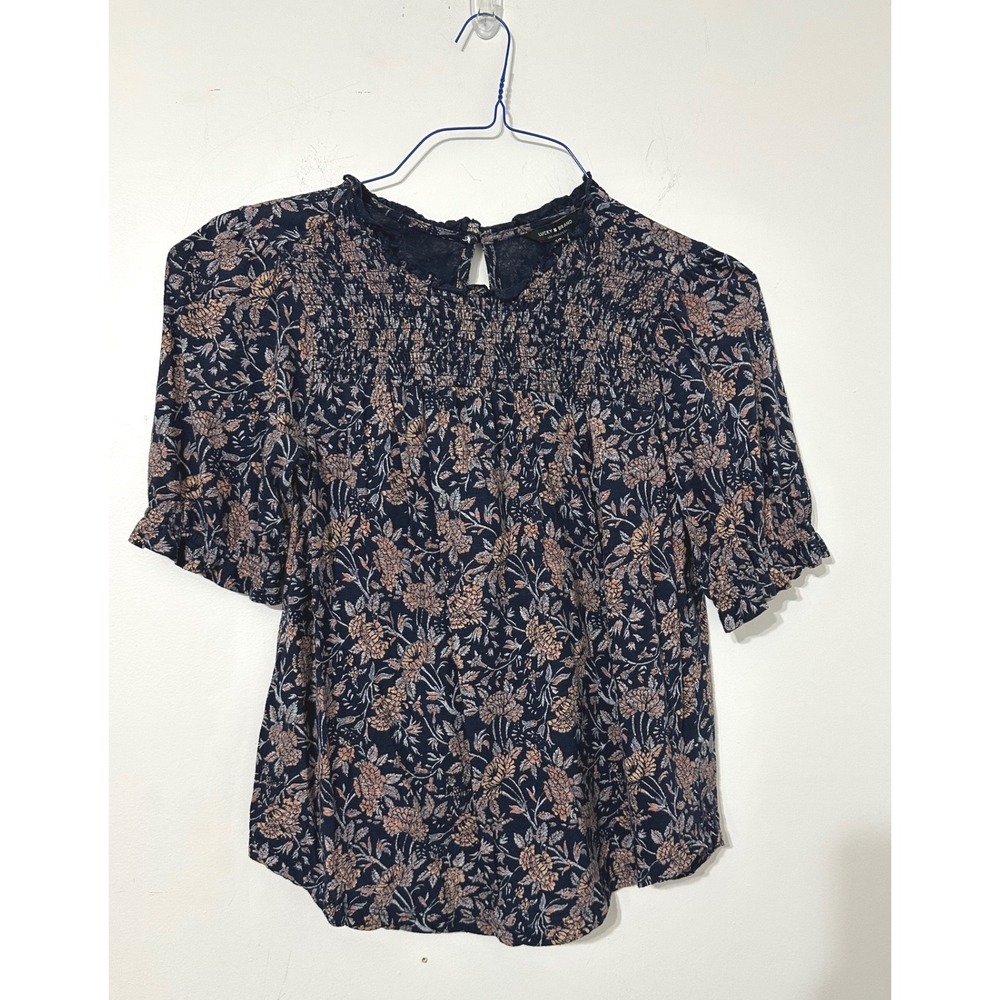 Lucky Brand Navy Peach Floral Smocked Ruffle Neck Puff Sleeve Blouse Small
